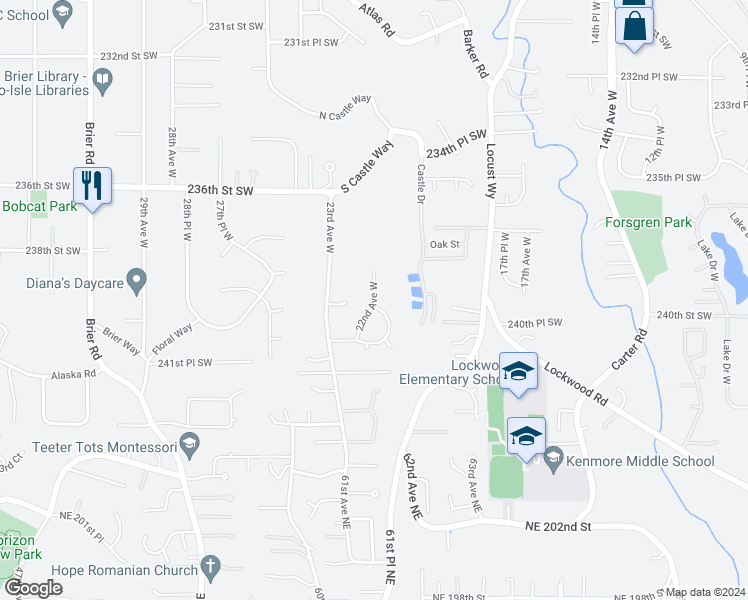 map of restaurants, bars, coffee shops, grocery stores, and more near 22nd Avenue West in Bothell