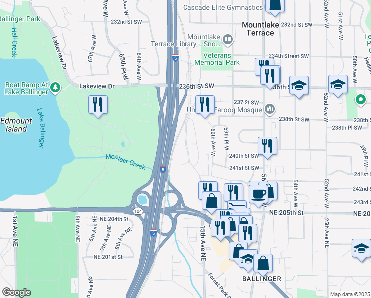 map of restaurants, bars, coffee shops, grocery stores, and more near 24120 Van Ry Boulevard in Mountlake Terrace