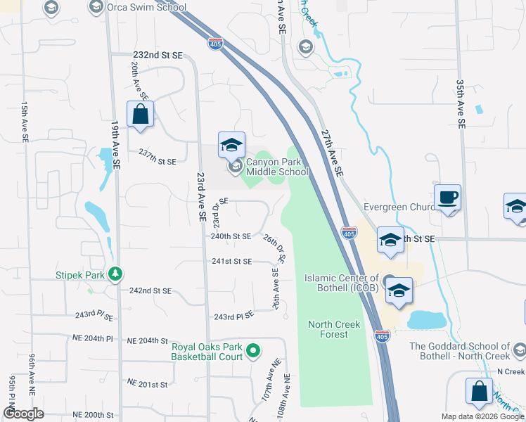 map of restaurants, bars, coffee shops, grocery stores, and more near 23903 24th Drive Southeast in Bothell