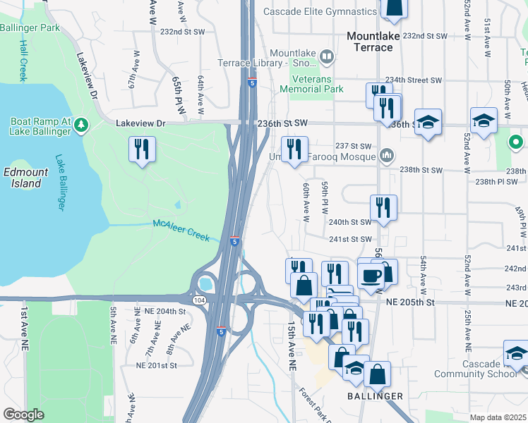 map of restaurants, bars, coffee shops, grocery stores, and more near 23811 Gateway Place in Mountlake Terrace