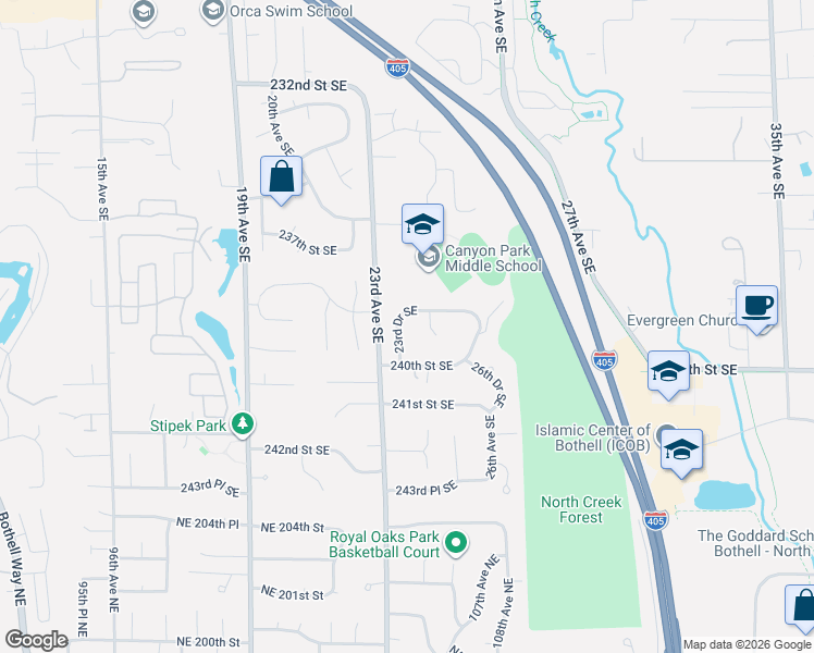 map of restaurants, bars, coffee shops, grocery stores, and more near 23825 23rd Drive Southeast in Bothell