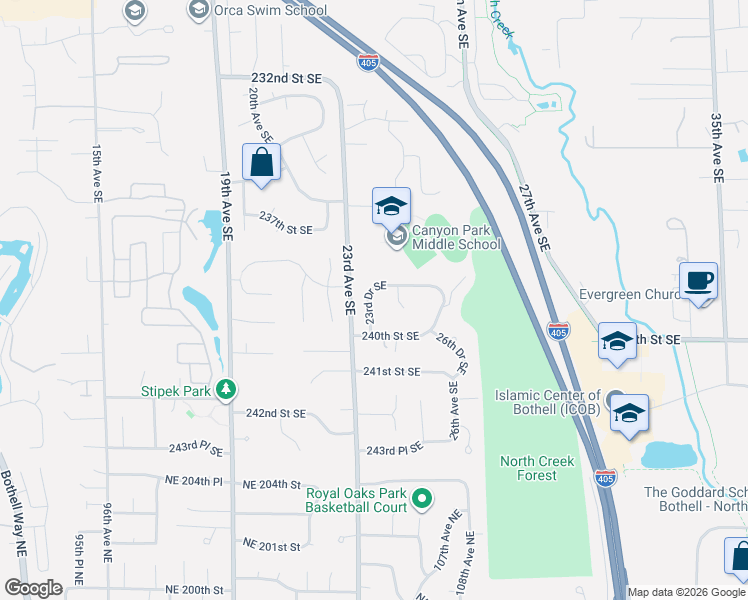map of restaurants, bars, coffee shops, grocery stores, and more near 23825 23rd Drive Southeast in Bothell