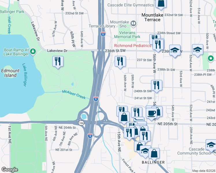 map of restaurants, bars, coffee shops, grocery stores, and more near 24000 Van Ry Boulevard in Mountlake Terrace