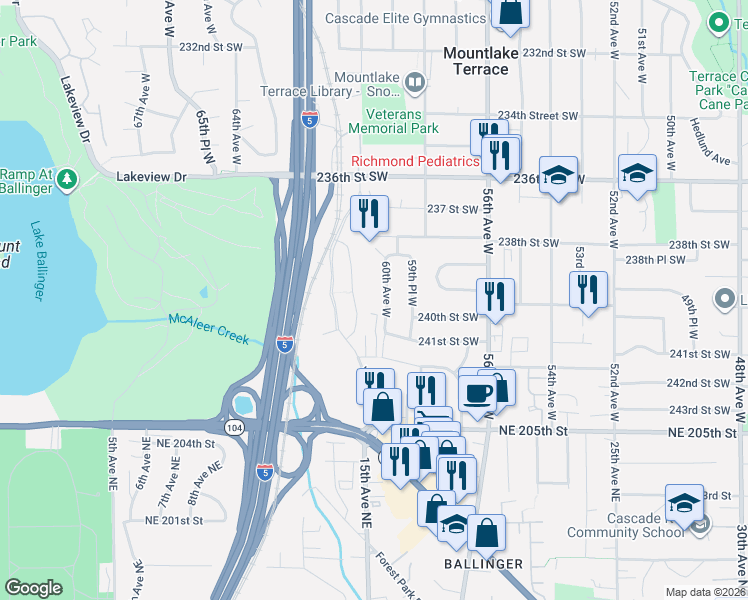 map of restaurants, bars, coffee shops, grocery stores, and more near 23906 60th Avenue West in Mountlake Terrace