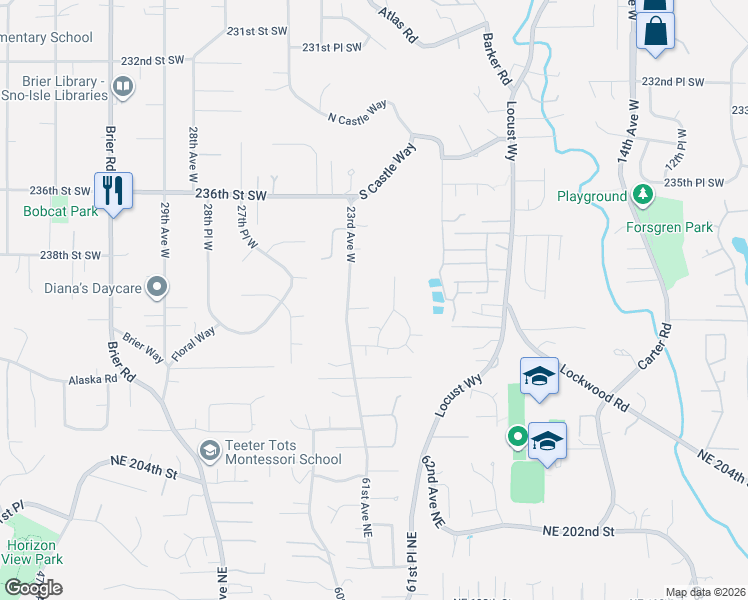 map of restaurants, bars, coffee shops, grocery stores, and more near 2214 239th Place Southwest in Bothell