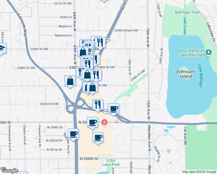 map of restaurants, bars, coffee shops, grocery stores, and more near 8010 240th Street Southwest in Edmonds