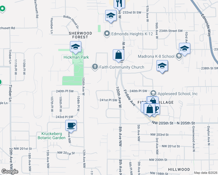 map of restaurants, bars, coffee shops, grocery stores, and more near 10101 240th Place Southwest in Edmonds