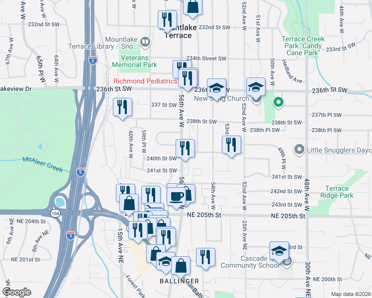 map of restaurants, bars, coffee shops, grocery stores, and more near 23914 56th Avenue West in Mountlake Terrace