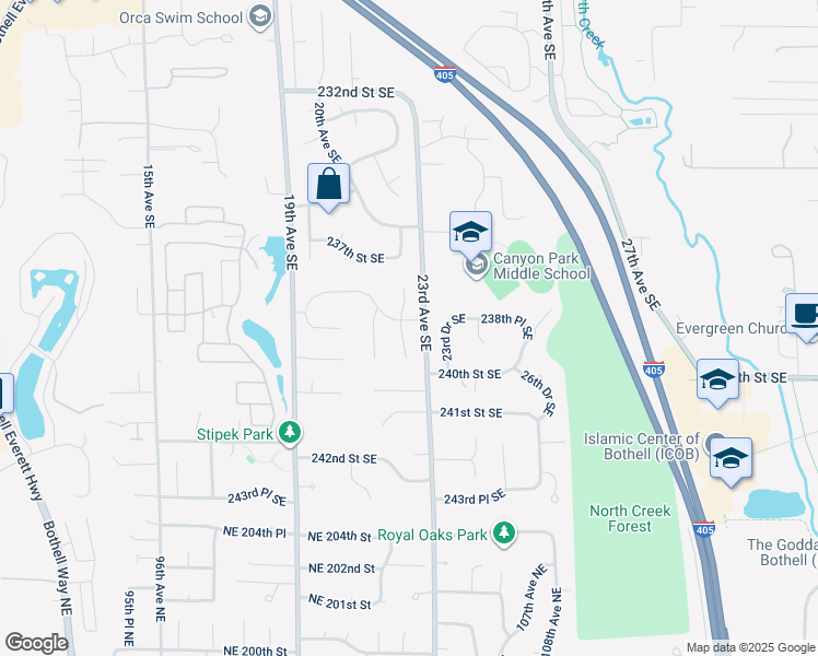 map of restaurants, bars, coffee shops, grocery stores, and more near 2224 237th Place Southeast in Bothell