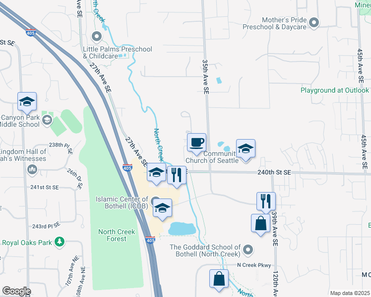 map of restaurants, bars, coffee shops, grocery stores, and more near 3223 240th Street Southeast in Bothell
