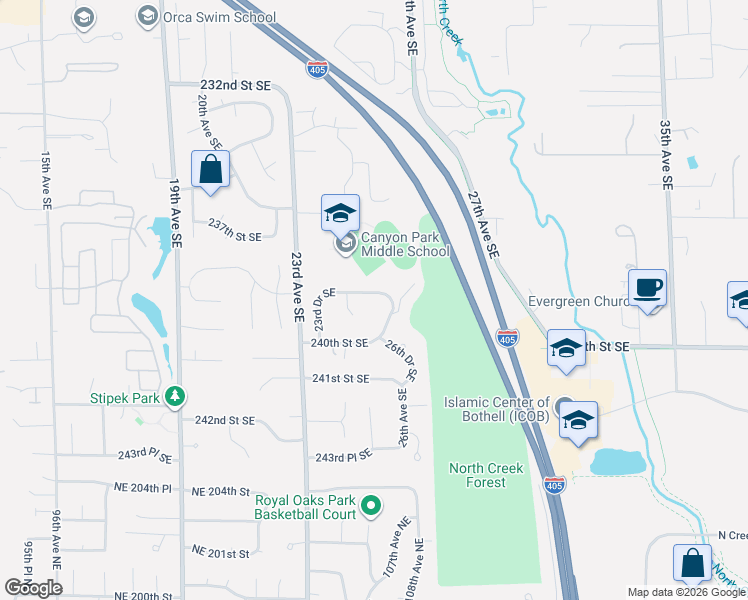 map of restaurants, bars, coffee shops, grocery stores, and more near 23903 24th Drive Southeast in Bothell