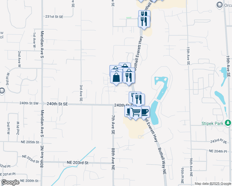map of restaurants, bars, coffee shops, grocery stores, and more near 715 240th Street Southeast in Bothell