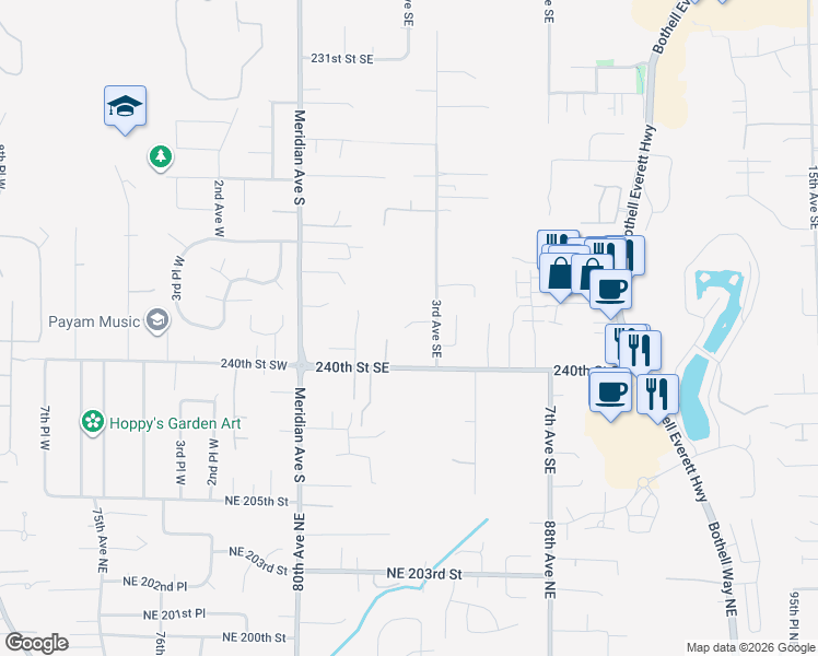 map of restaurants, bars, coffee shops, grocery stores, and more near 209 240th Street Southeast in Bothell