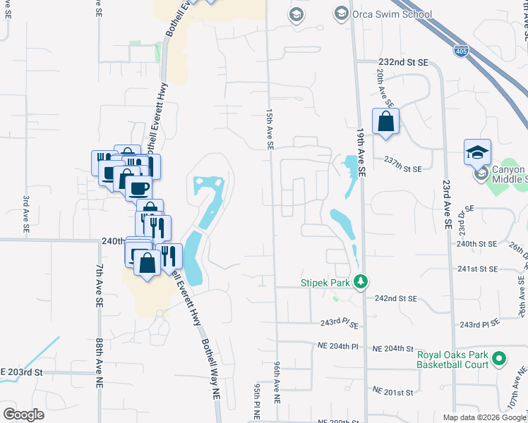 map of restaurants, bars, coffee shops, grocery stores, and more near 62 Pine Court in Bothell