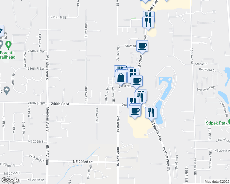 map of restaurants, bars, coffee shops, grocery stores, and more near 715 240th Street Southeast in Bothell