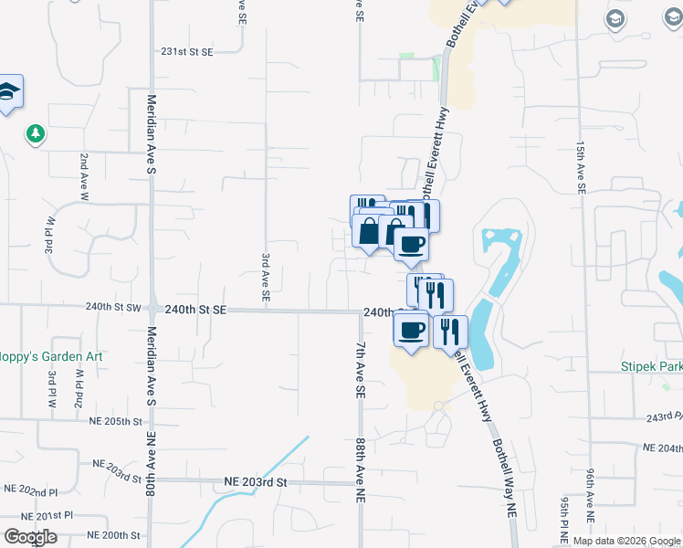 map of restaurants, bars, coffee shops, grocery stores, and more near 425 240th Street Southeast in Bothell