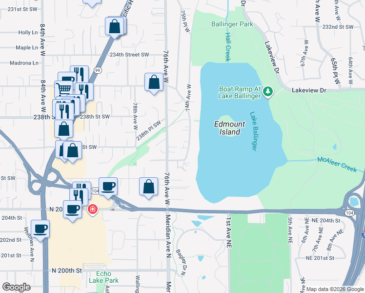 map of restaurants, bars, coffee shops, grocery stores, and more near 7409 241st Street Southwest in Edmonds