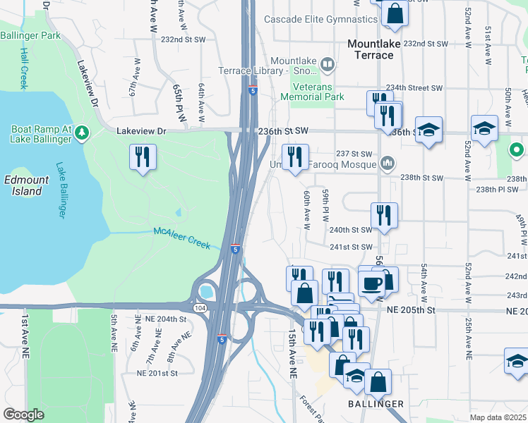 map of restaurants, bars, coffee shops, grocery stores, and more near 24000 Van Ry Boulevard in Mountlake Terrace