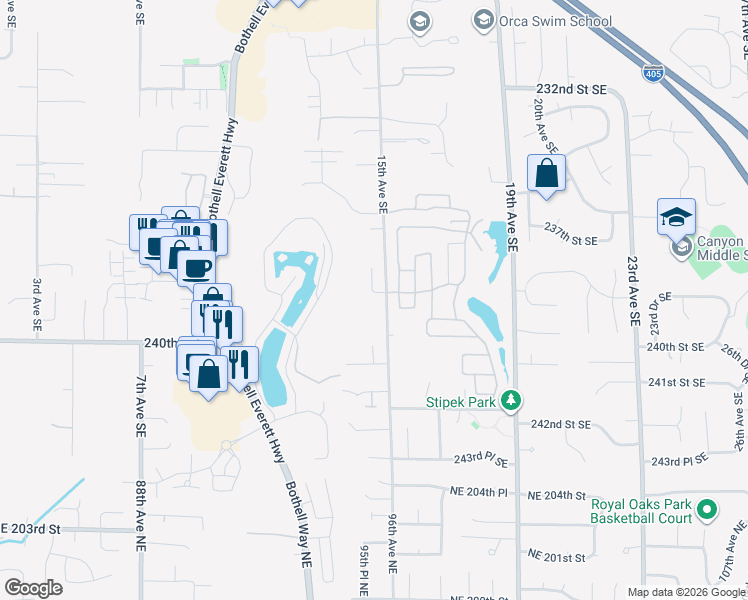 map of restaurants, bars, coffee shops, grocery stores, and more near 62 Pine Court in Bothell