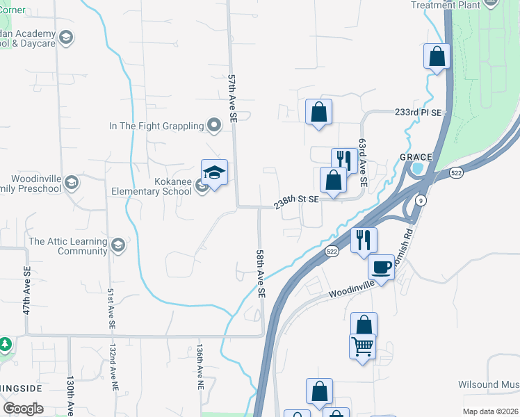 map of restaurants, bars, coffee shops, grocery stores, and more near 19307 58th Avenue Southeast in Woodinville