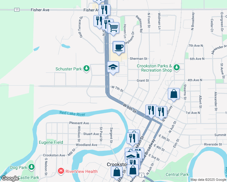 map of restaurants, bars, coffee shops, grocery stores, and more near 617 West 6th Street in Crookston