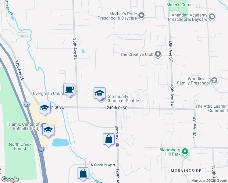map of restaurants, bars, coffee shops, grocery stores, and more near 3823 240th Street Southeast in Bothell
