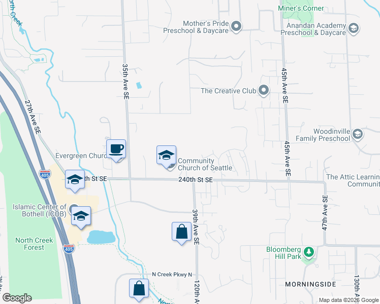 map of restaurants, bars, coffee shops, grocery stores, and more near 3823 240th Street Southeast in Bothell