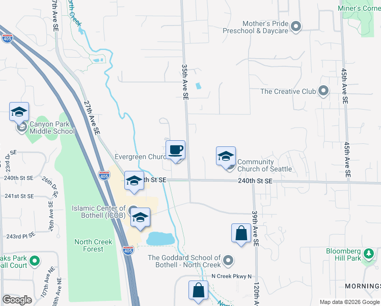 map of restaurants, bars, coffee shops, grocery stores, and more near 3511 240th Street Southeast in Bothell