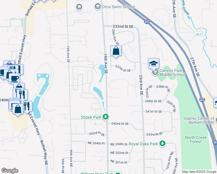 map of restaurants, bars, coffee shops, grocery stores, and more near 1926 238th Street Southeast in Bothell