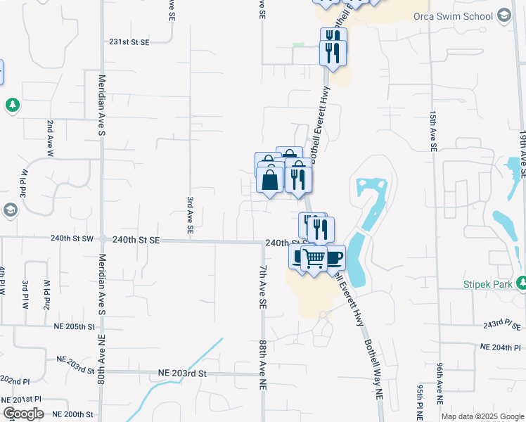 map of restaurants, bars, coffee shops, grocery stores, and more near 715 240th Street Southeast in Bothell