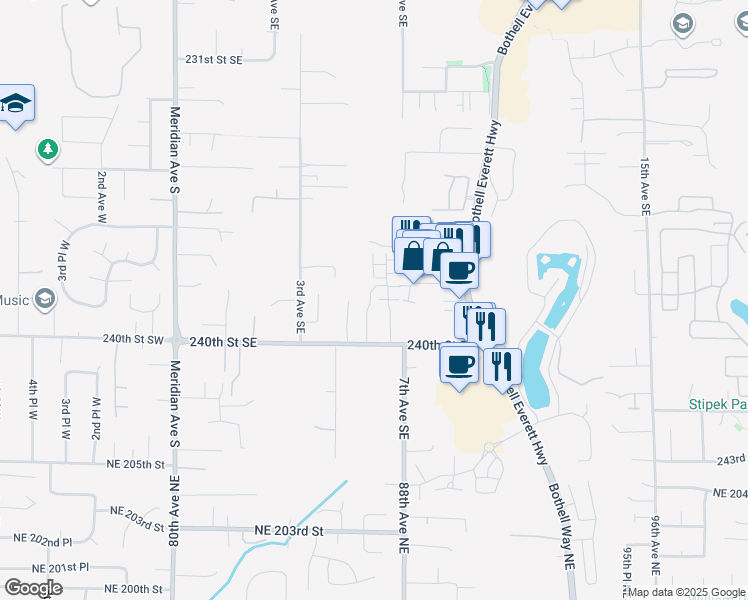map of restaurants, bars, coffee shops, grocery stores, and more near 425 240th Street Southeast in Bothell