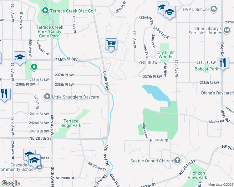 map of restaurants, bars, coffee shops, grocery stores, and more near 23923 Cedar Way in Mountlake Terrace