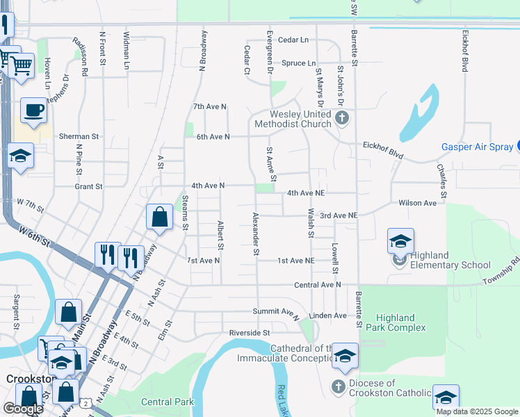 map of restaurants, bars, coffee shops, grocery stores, and more near 1010 Alexander Street in Crookston
