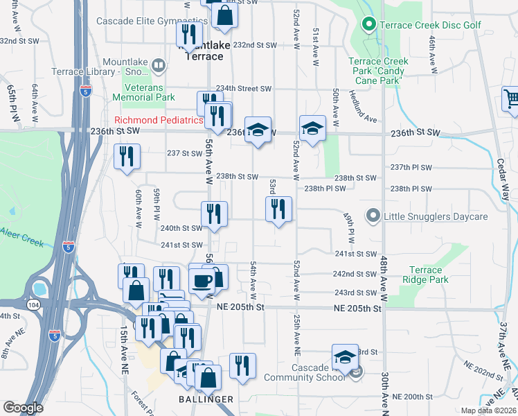 map of restaurants, bars, coffee shops, grocery stores, and more near 23905 54th Avenue West in Mountlake Terrace