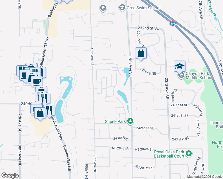 map of restaurants, bars, coffee shops, grocery stores, and more near 173 Lakeview Drive in Bothell