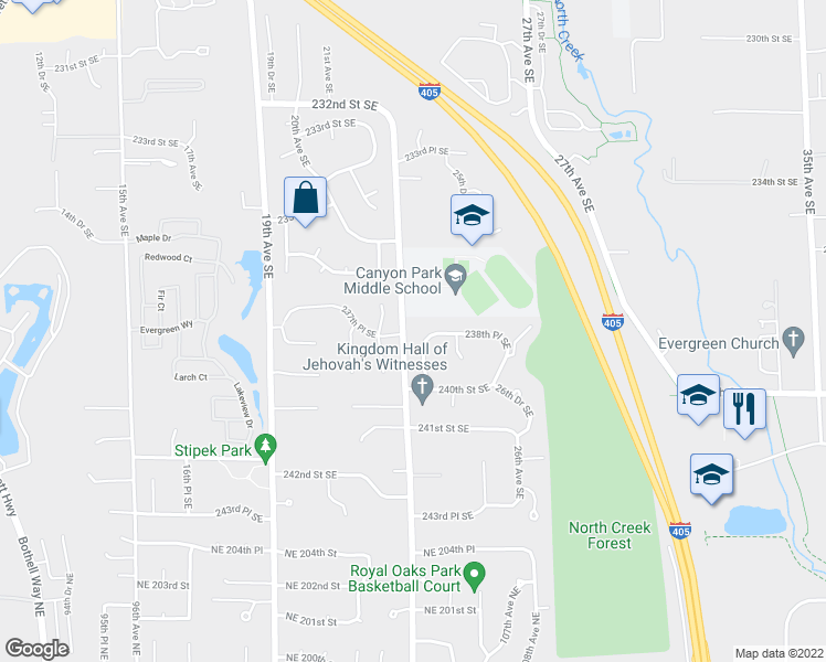 map of restaurants, bars, coffee shops, grocery stores, and more near 23907 22nd Drive Southeast in Bothell