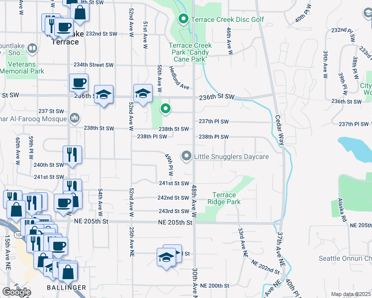 map of restaurants, bars, coffee shops, grocery stores, and more near 4802 240th Street Southwest in Mountlake Terrace