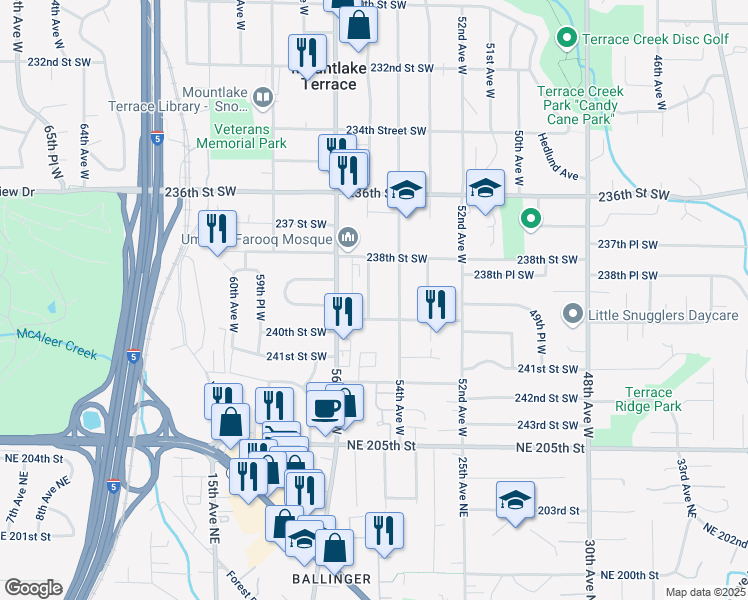 map of restaurants, bars, coffee shops, grocery stores, and more near 5502 240th Street Southwest in Mountlake Terrace