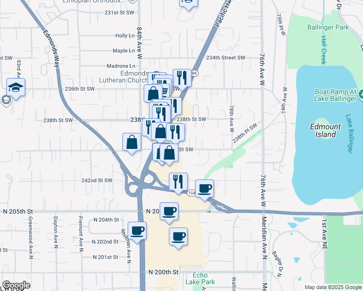 map of restaurants, bars, coffee shops, grocery stores, and more near 8130 240th Street Southwest in Edmonds