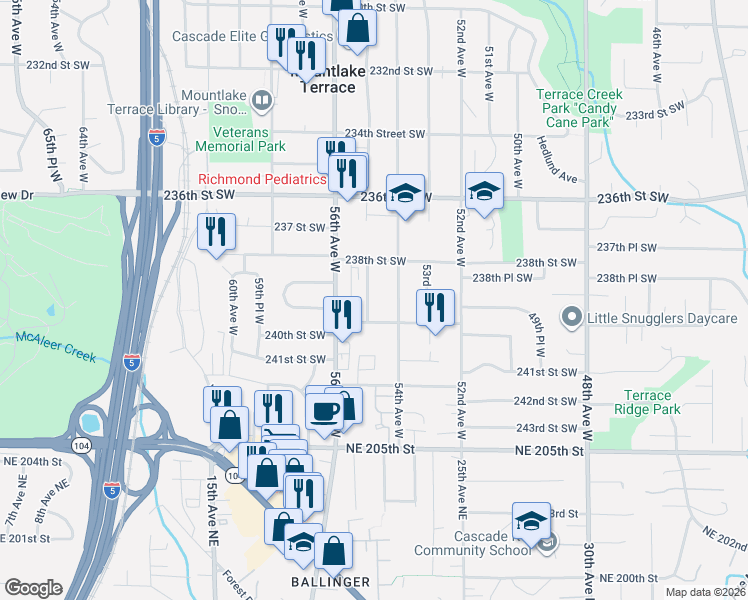 map of restaurants, bars, coffee shops, grocery stores, and more near 23805 55th Avenue West in Mountlake Terrace