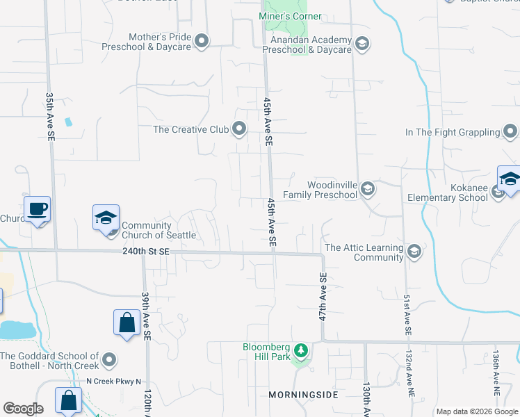 map of restaurants, bars, coffee shops, grocery stores, and more near 23706 44th Drive Southeast in Bothell