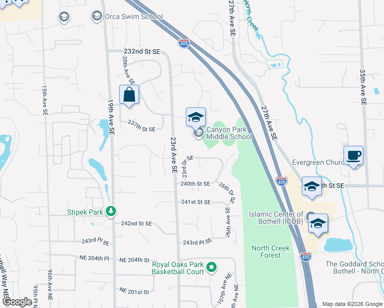 map of restaurants, bars, coffee shops, grocery stores, and more near 23723 23rd Avenue Southeast in Bothell