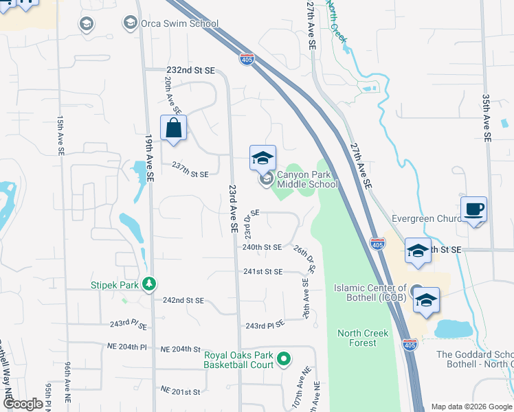 map of restaurants, bars, coffee shops, grocery stores, and more near 23723 23rd Avenue Southeast in Bothell