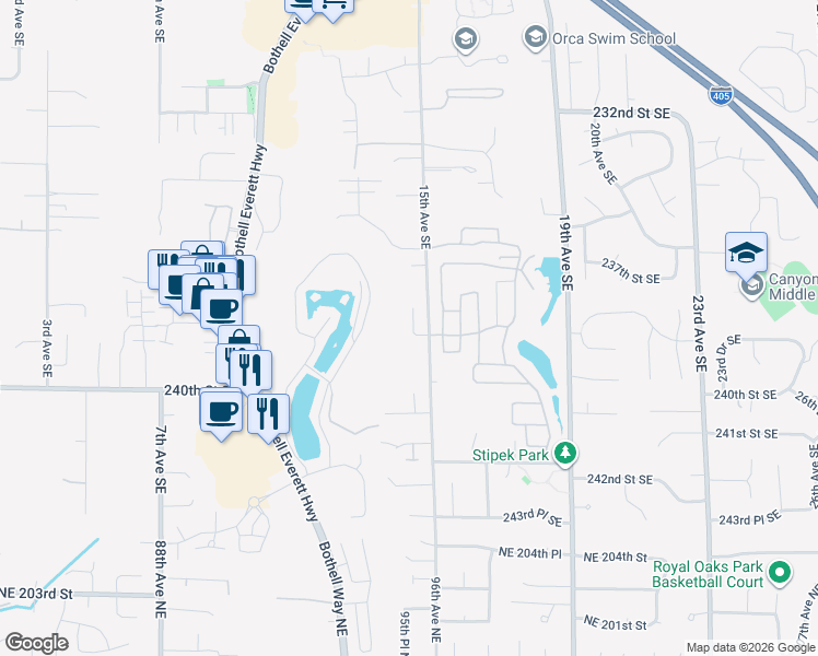 map of restaurants, bars, coffee shops, grocery stores, and more near 23730 15th Avenue Southeast in Bothell