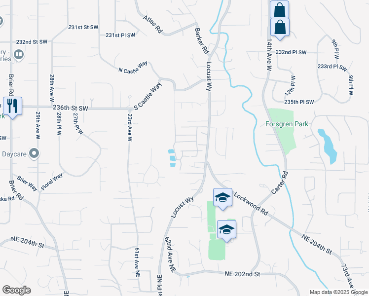 map of restaurants, bars, coffee shops, grocery stores, and more near 23708 Locust Way in Bothell