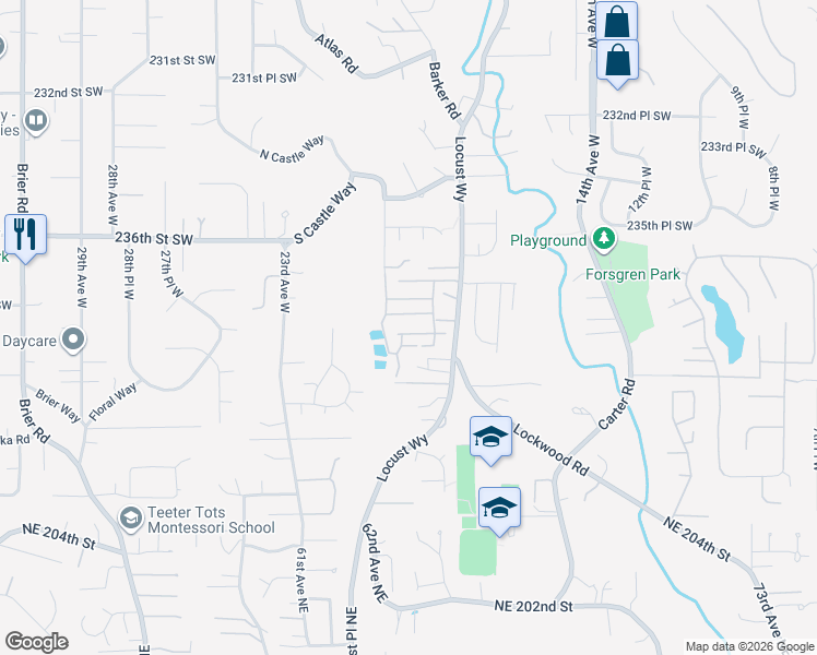 map of restaurants, bars, coffee shops, grocery stores, and more near 23708 Locust Way in Bothell