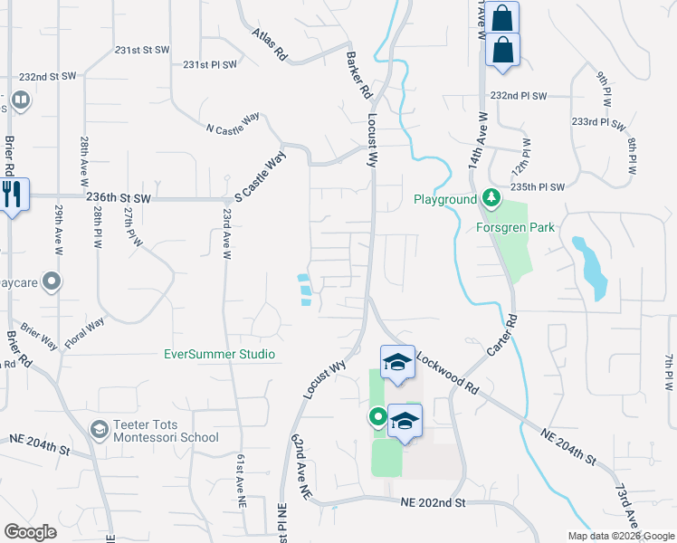 map of restaurants, bars, coffee shops, grocery stores, and more near 23708 Locust Way in Bothell