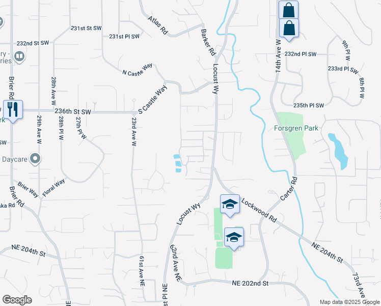 map of restaurants, bars, coffee shops, grocery stores, and more near 23708 Locust Way in Bothell