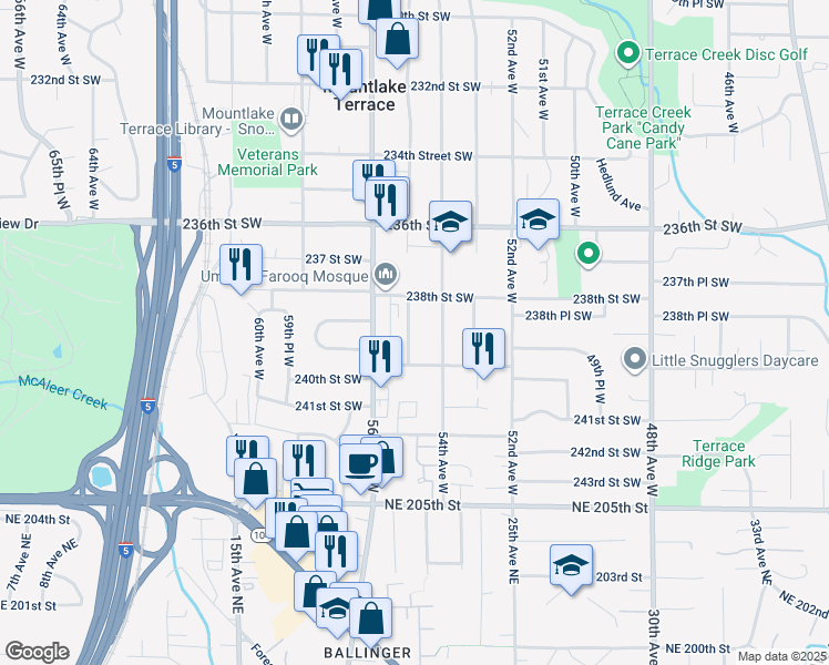 map of restaurants, bars, coffee shops, grocery stores, and more near 23805 55th Avenue West in Mountlake Terrace