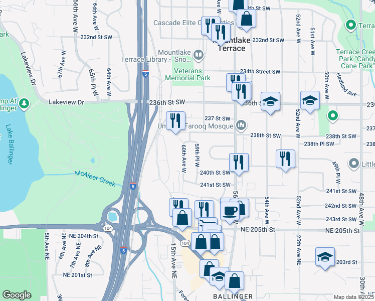 map of restaurants, bars, coffee shops, grocery stores, and more near 23809 60th Avenue West in Mountlake Terrace